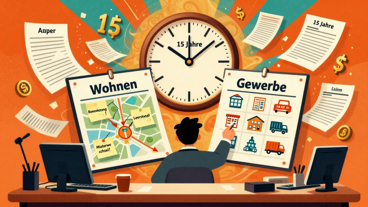 Anleger vergleicht Wohn- und Gewerbeimmobilien an einem Tisch mit Symbolen und Zeitkarte.