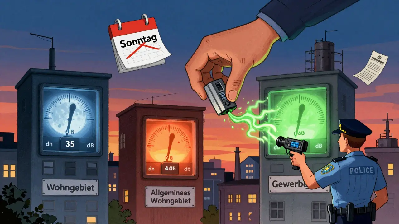 Drei Gebäude mit unterschiedlichen Lärmpegeln, ein Kompressor mit lärmenden Wellen und eine Polizei mit Messgerät.