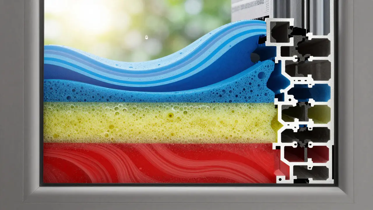 Dreischichtige Fensterabdichtung mit psychedelischen Mustern