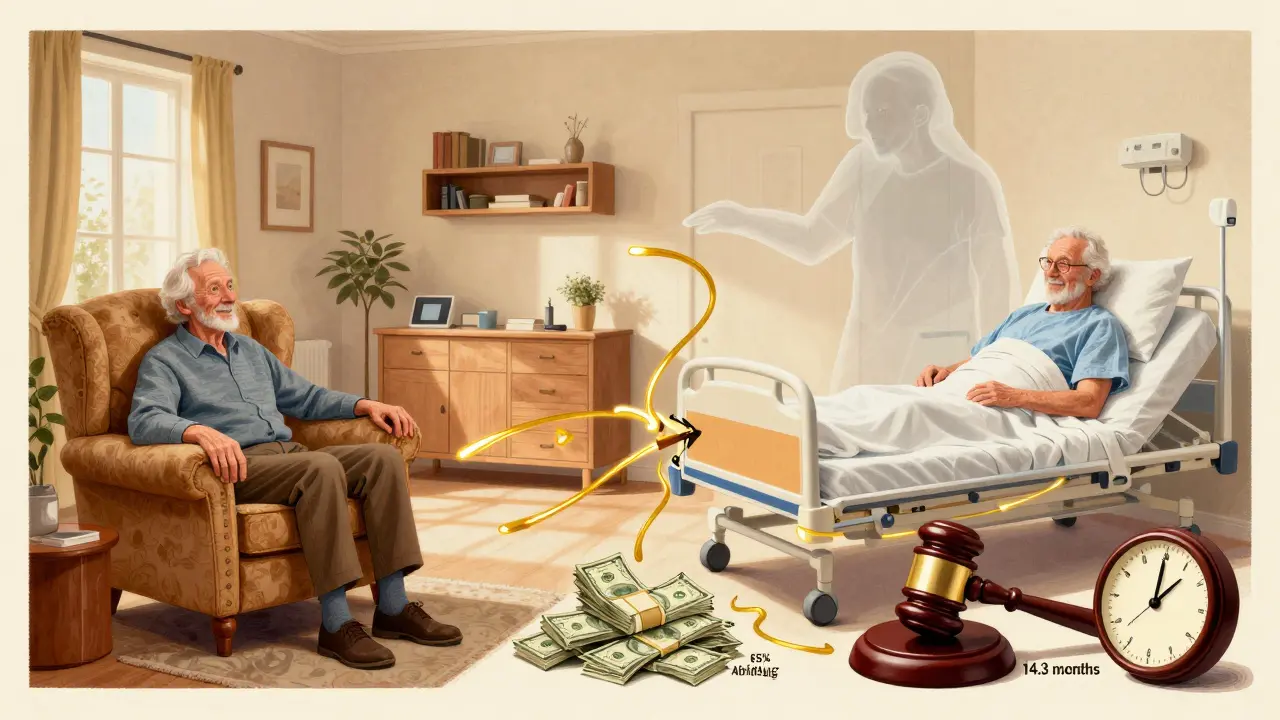 Ein älterer Mensch in Wohnzimmer und Pflegeheim, verbunden durch einen sich auflösenden Faden, mit Geld und Gerichtssymbolen.