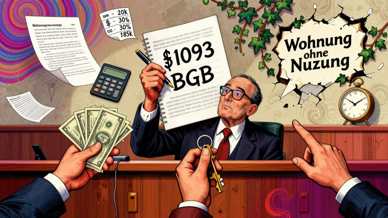 Ein Gerichtssaal mit schwebenden Rechtsdokumenten, Steuerzahlen und einer verfallenen Wohnung, umgeben von drei greifenden Händen.