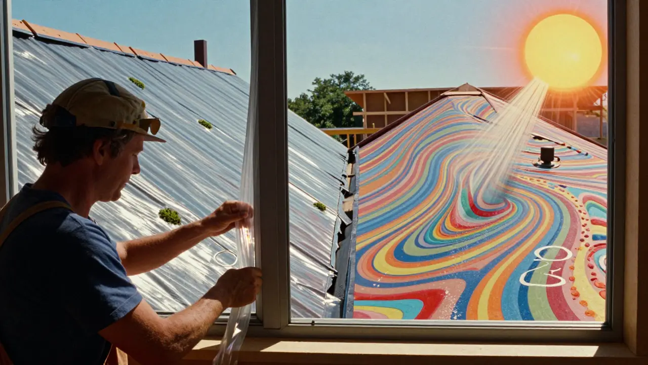 Ein Handwerker verschließt eine Dachbahn mit elastischem Klebeband, während eine flexible Dampfbremse Feuchtigkeit nach außen abführt.