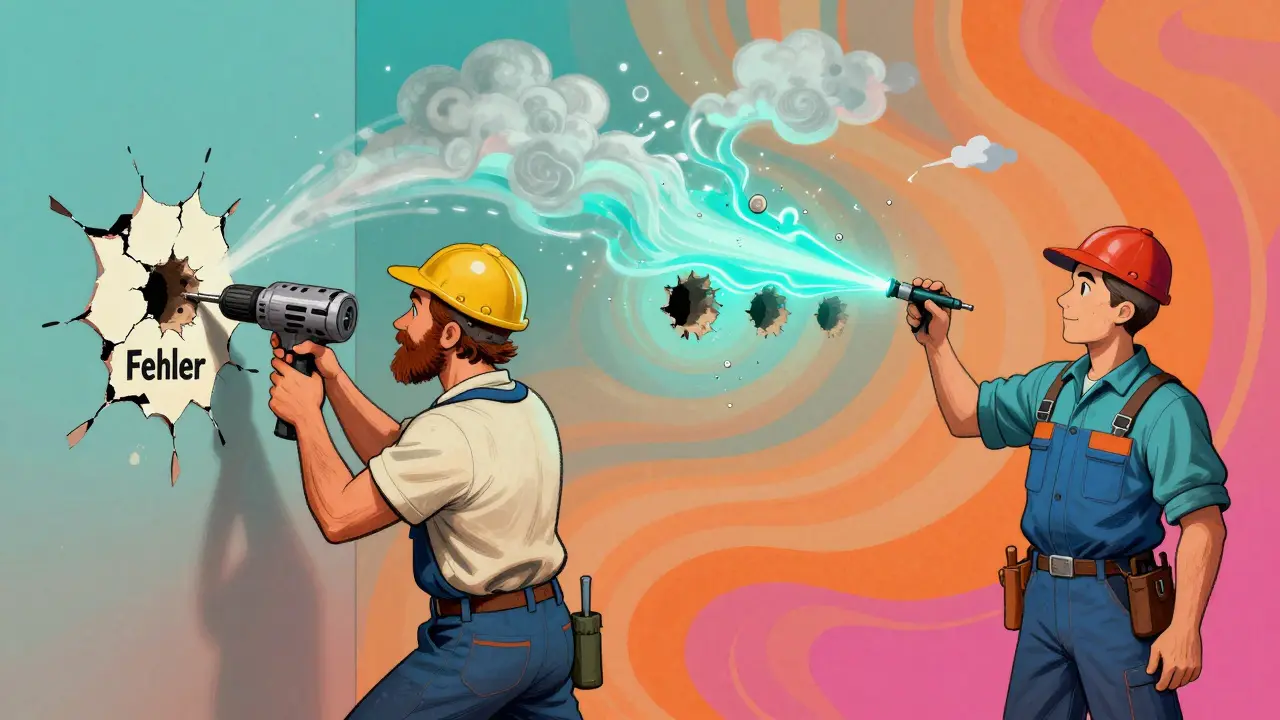 Ein Heimwerker mit falsch gebohrten Löchern neben einem Fachmann, der eine chemische Horizontalsperre präzise einbringt.