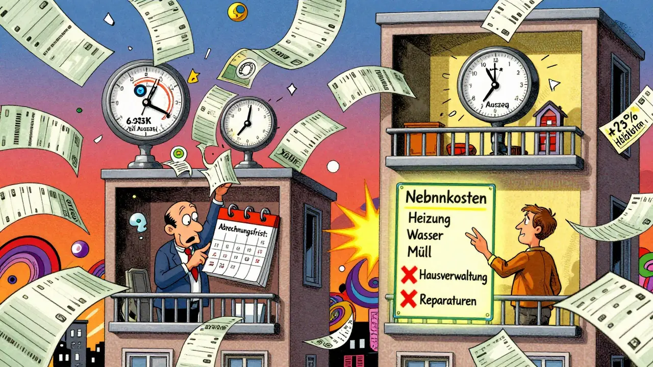 Ein Mehrfamilienhaus mit schwebenden Nebenkostenrechnungen, Heizkosten-Spitzen und verbotenen Posten wie Hausverwaltung.
