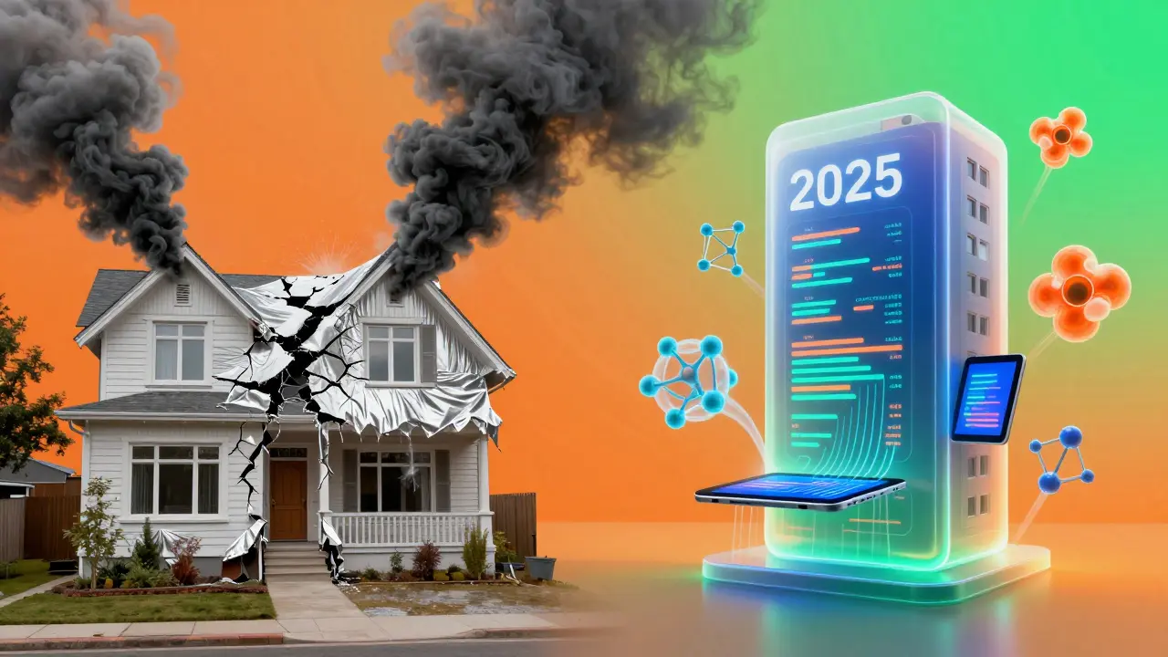 Ein modernes Dach mit intelligenter Dampfbremse sendet Feuchtigkeitsdaten an ein Tablet, während alte Folien Schimmel einfangen.