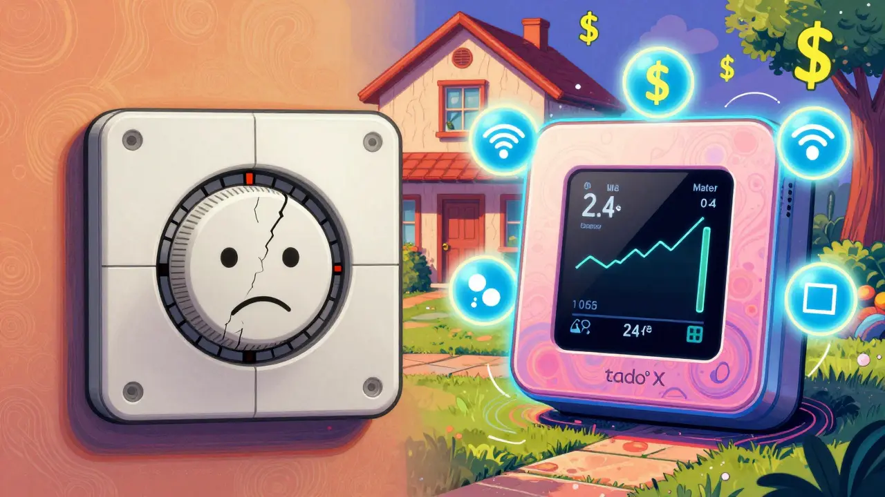 Ein modernes Thermostat mit Display neben einem veralteten Drehknopf, umgeben von digitalen Symbolen in psychedelischem Stil.