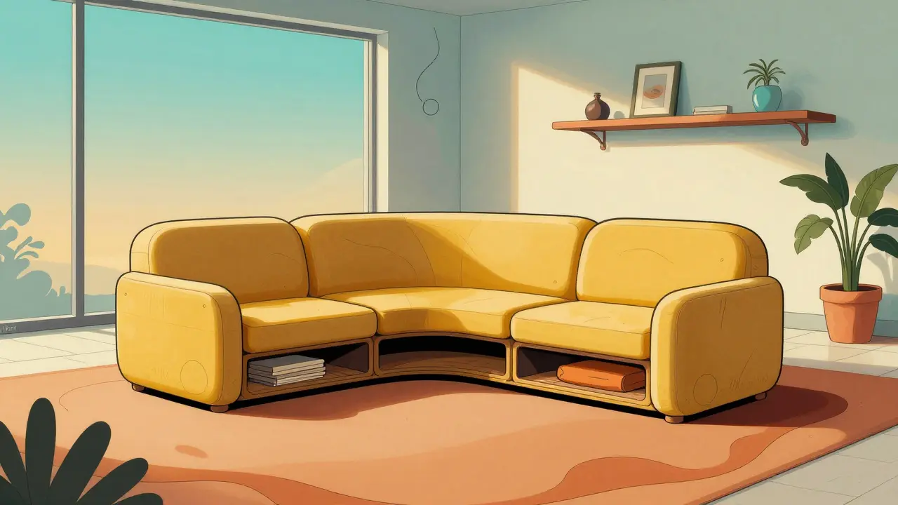 Ein modulares Sofa mit magnetischen Teilen und integriertem Stauraum in einem minimalistischen Raum.