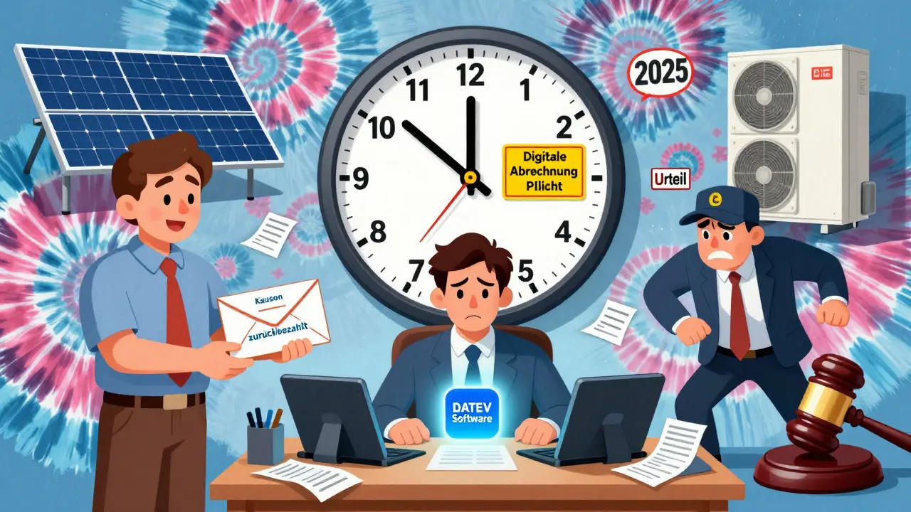 Ein Vermieter vor digitalen Geräten, während eine Uhr auf 2025 tickt und ein Mieter seine Kaution zurückbekommt.