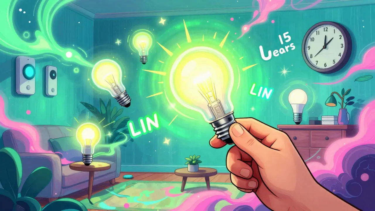 Eine Hand tauscht alte Lampen gegen LEDs aus, während Lumen- und Kelvin-Werte schweben, intelligente Geräte leuchten im Hintergrund, Zeit fliegt schnell vorbei.