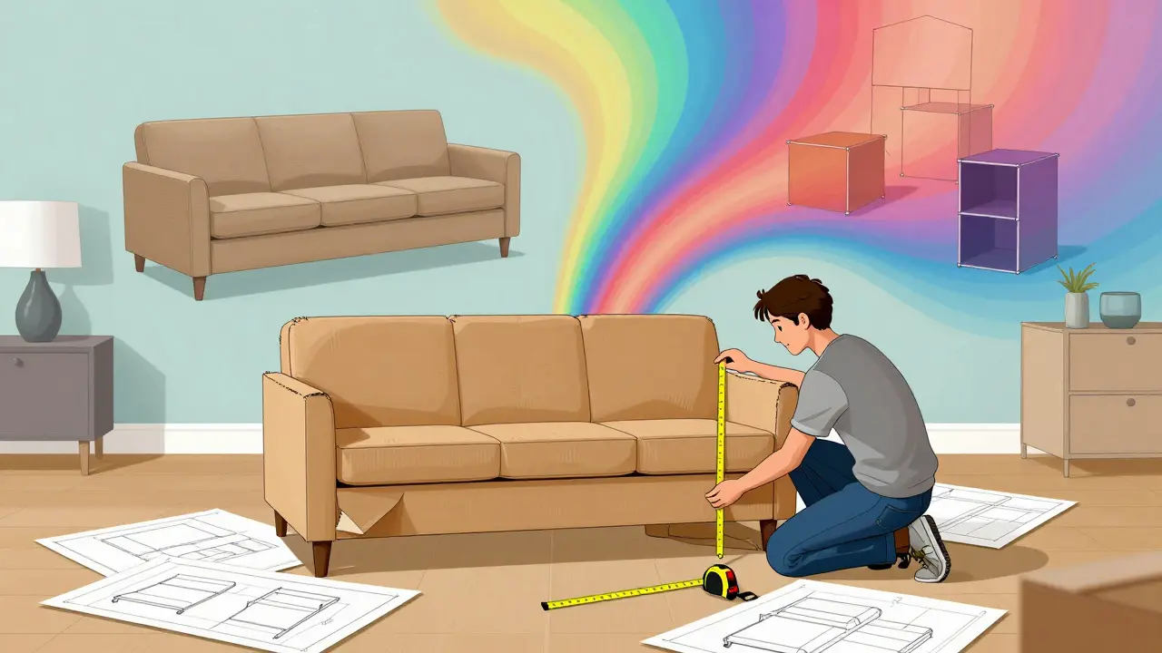 Eine Person testet einen Karton als Sofa-Modell, um die Platzierung im Wohnzimmer zu prüfen.