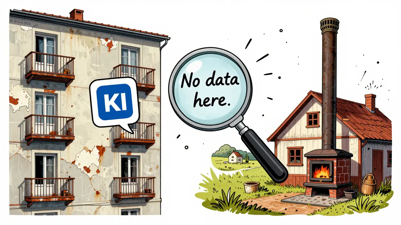 KI-Analyse einer modernen Wohnung vs. vernachlässigtes Bauernhaus mit wenig Daten.
