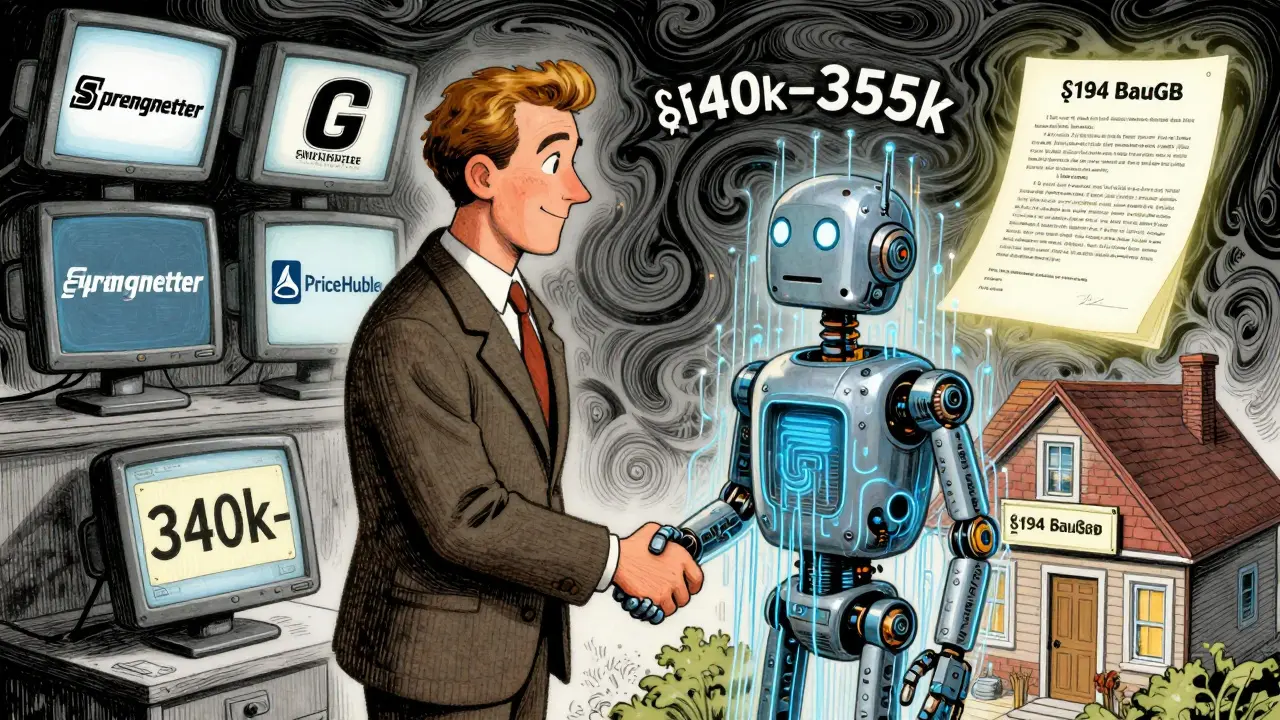 Mensch und Roboter schütteln sich die Hände, während Daten und Gesetzestexte im Hintergrund schweben.