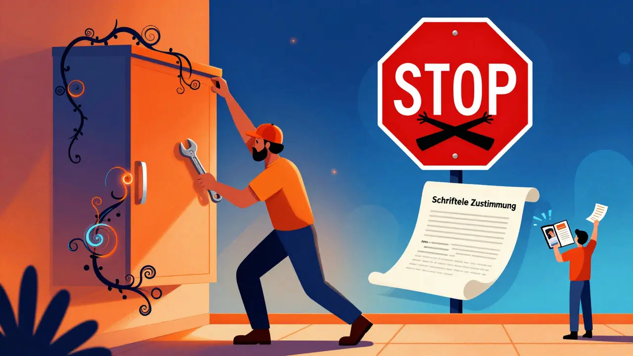 Mieter baut eine Küche ein, während ein riesiges STOP-Schild und ein rechtlicher Vertrag im Hintergrund schweben.