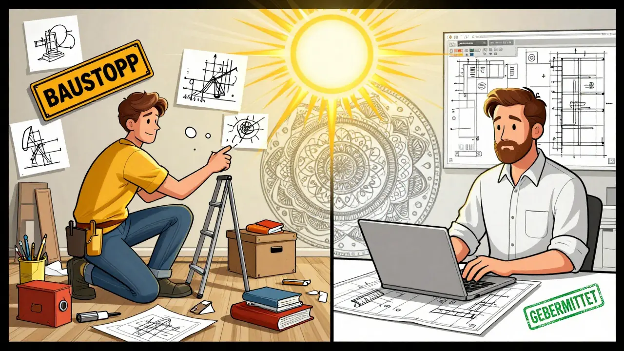 Vergleich: chaotischer Eigenbau vs. professionelle Einreichung mit digitaler Genehmigung, dargestellt in psychedelischem Stil.