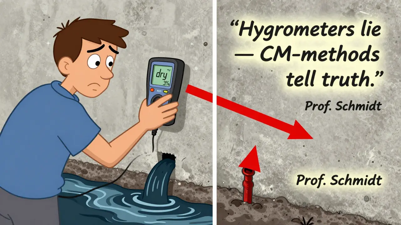 Vergleich: Ein kapazitives Messgerät zeigt 'trocken', während die CM-Methode 8,3% Feuchtigkeit in der Wand nachweist.
