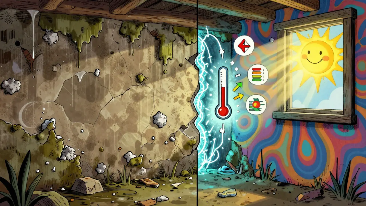 Vergleich einer schadhaften Kellerwand mit einer nach Sanierung trockenen, energetisch effizienten Wand.