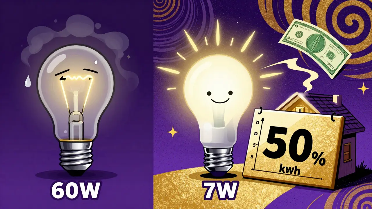 Vergleich zwischen einer müden alten Glühbirne und einer fröhlichen LED-Lampe, die Energieeinsparungen als Chart darstellt, psychedelische Muster im Hintergrund.