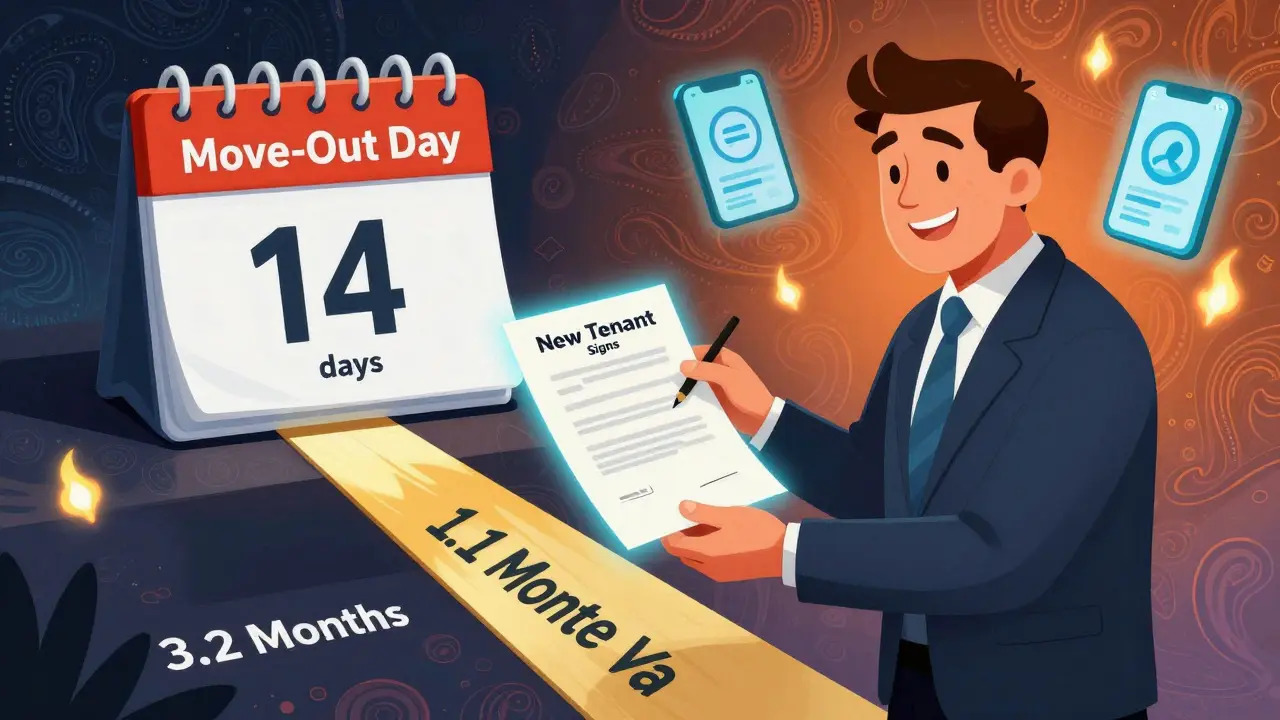 Vermieter übergibt Übergabeprotokoll an neuen Mieter, während digitale Tools und verkürzte Leerstandszeit visualisiert werden.