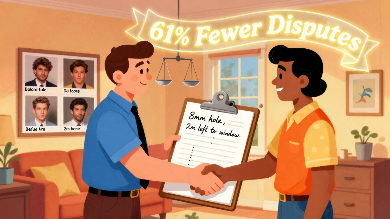 Vermieter und Mieter bei Vorabnahme, mit detaillierten Schadensnotizen und Foto-Dokumentation an der Wand.