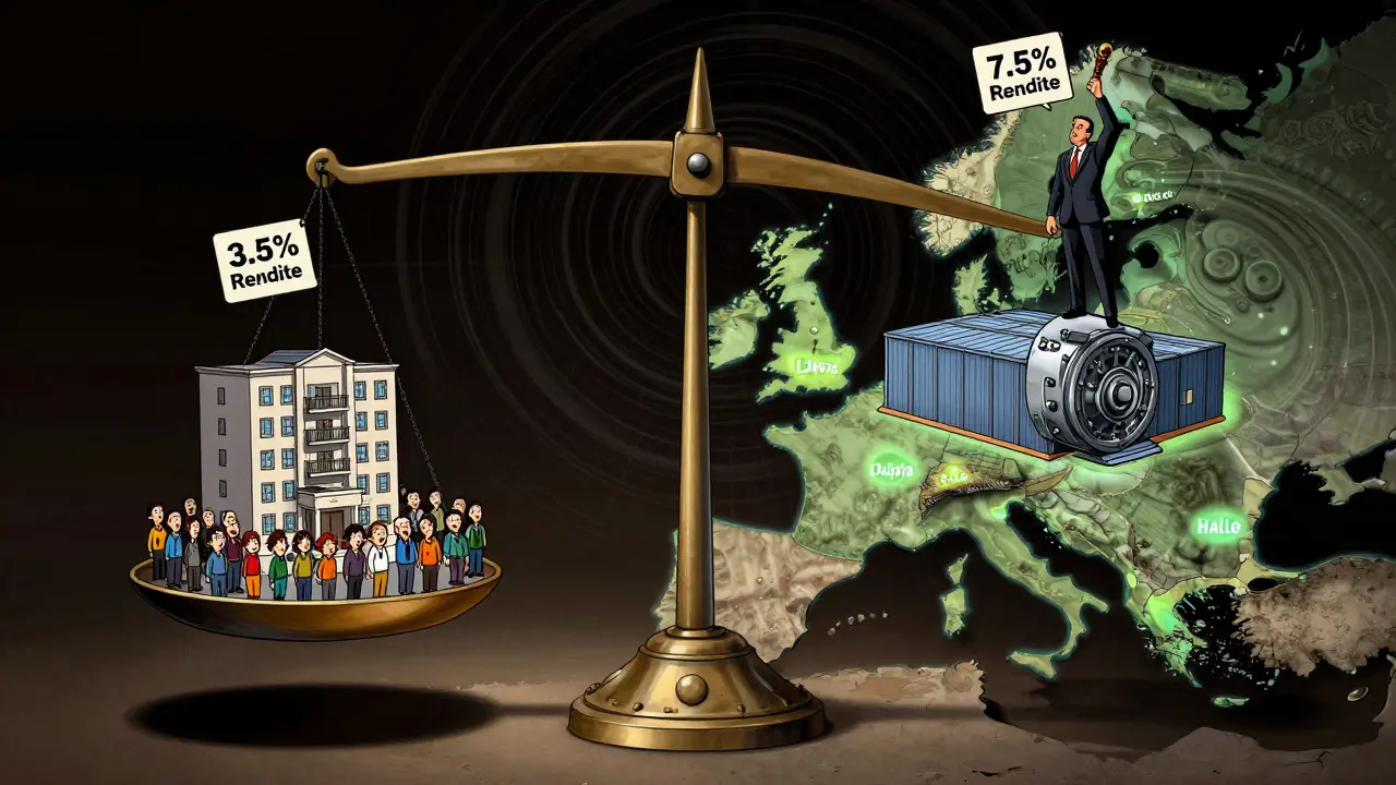 Waage mit Wohn- und Gewerbeimmobilie, dargestellt in bunter, psychedelischer Zeichnung.