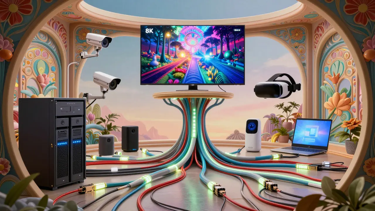 Zukunftssicheres Heimnetz mit PoE++-Kabeln, die Geräte mit Strom versorgen, in psychedelischem 60er-Jahre-Stil.