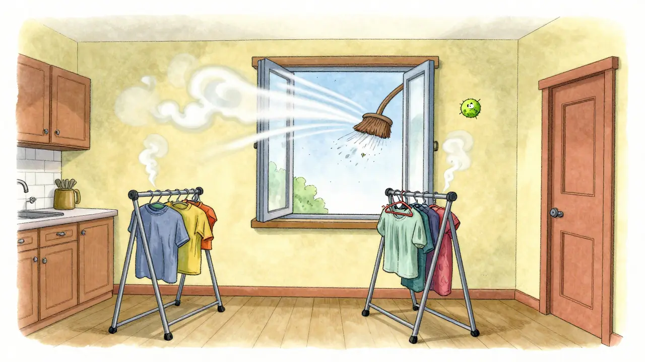 Zwei Wäscheständer in verschiedenen Räumen mit Luftzirkulation, während Feuchtigkeit aus dem Fenster geblasen wird.
