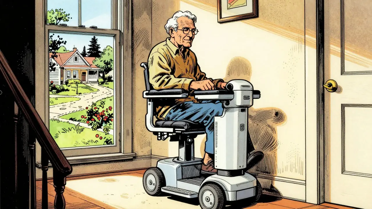 Älterer Mensch nutzt Treppenlift zu Hause