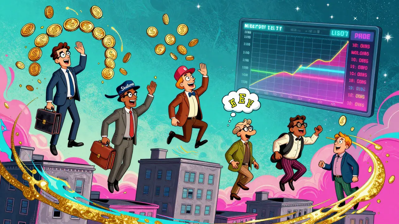 Diverse tenants floating above building, one with falling coins, while digital dashboard shows rental risk probabilities.