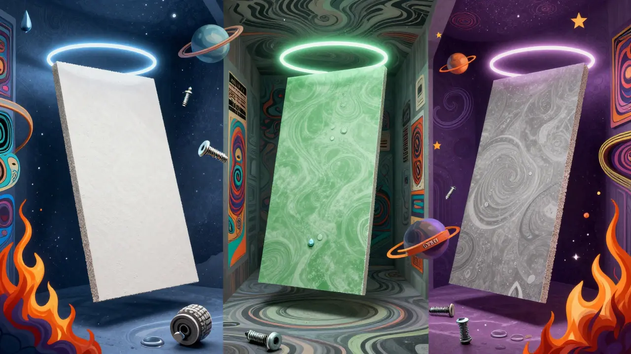 Drei farbige Gipskartonplatten mit symbolischen Wasserdampf-, Feuer- und Schallwellen in psychedelischem Poster-Stil.