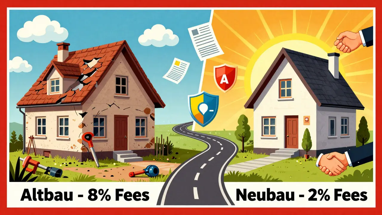 Ein deutscher Käufer wählt zwischen einem alten und einem neuen Haus – dargestellt als psychedelische Wegkreuzung mit Steuer- und Energie-Symbolen.