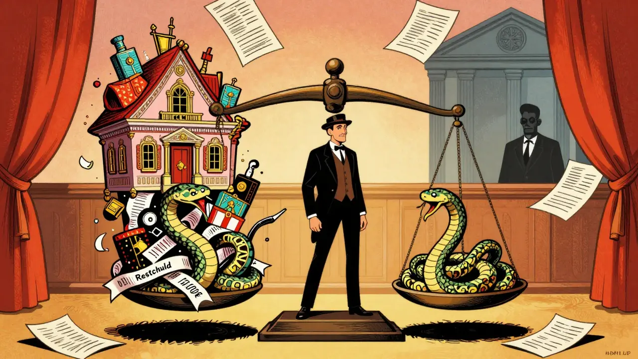 Ein Erbe steht vor einer Waage mit Haus und Schulden, umgeben von juristischen Symbolen in Retro-Design.