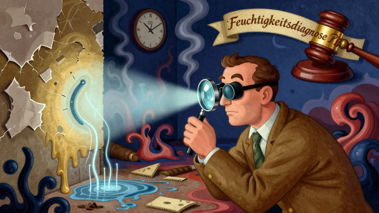 Ein Feuchtigkeitsexperte scannt eine Wand mit einem Röntgen-ähnlichen Gerät, während Salz und Dampf in der Luft schweben.