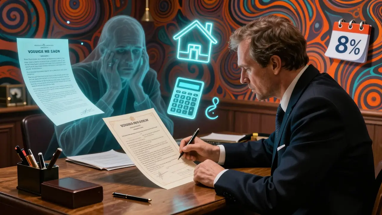 Ein französischer Notar prüft einen Kaufvertrag, während ein deutscher Käufer beobachtet – umgeben von schwebenden Kosten-Symbolen.