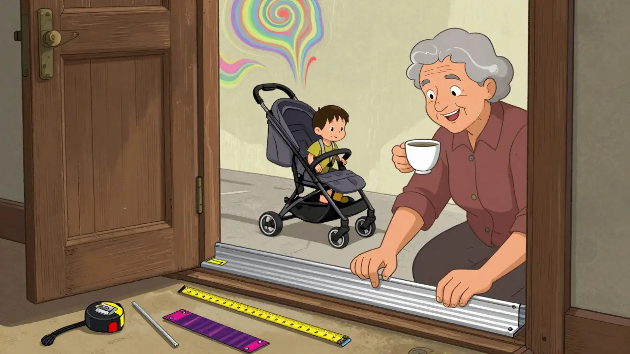 Ein Handwerker installiert eine barrierefreie Türschwelle, während eine ältere Frau zufrieden zusieht.