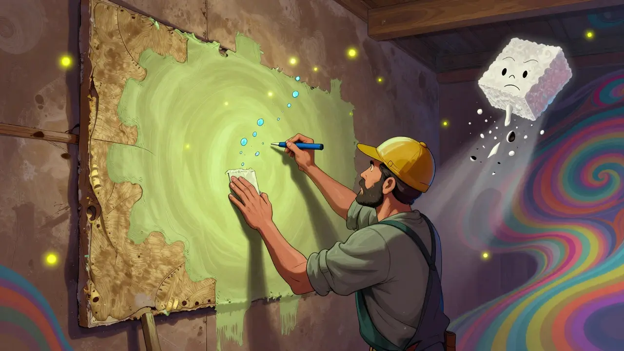 Ein Handwerker trägt einen diffusionsoffenen Kalkputz auf, während Wasserdampf wie Glühwürmchen zwischen Wand und Dämmung schwebt.