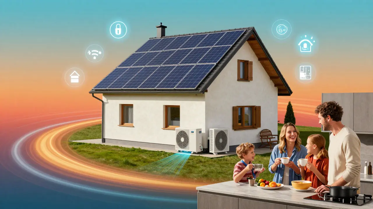 Ein Haus mit Solaranlage und Smart-Home-Symbolen, umgeben von energetischen Wellen und einer modernisierten Küche.