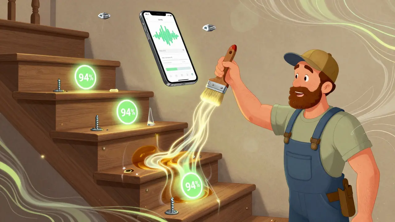 Ein Hausbesitzer behandelt eine Treppe mit Leinöl, während Keile, Schrauben und Acrylmasse sie stabil halten – Symbol für 94% Erfolg.