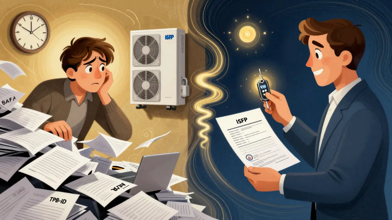 Ein Hausbesitzer wandelt von Verwirrung zu Klarheit, während er einen iSFP-Plan an eine Bank übergibt, stylisiert im Wes-Wilson-Stil.