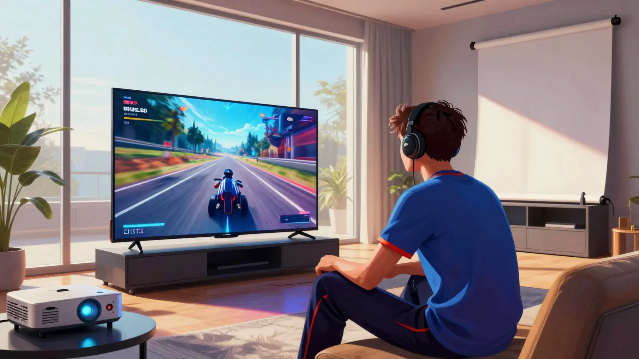 Ein helles OLED-Fernseher-Bild leuchtet in einem sonnigen Wohnzimmer, ein Gamer ist konzentriert dabei, während ein Projektor im Hintergrund vernachlässigt steht.