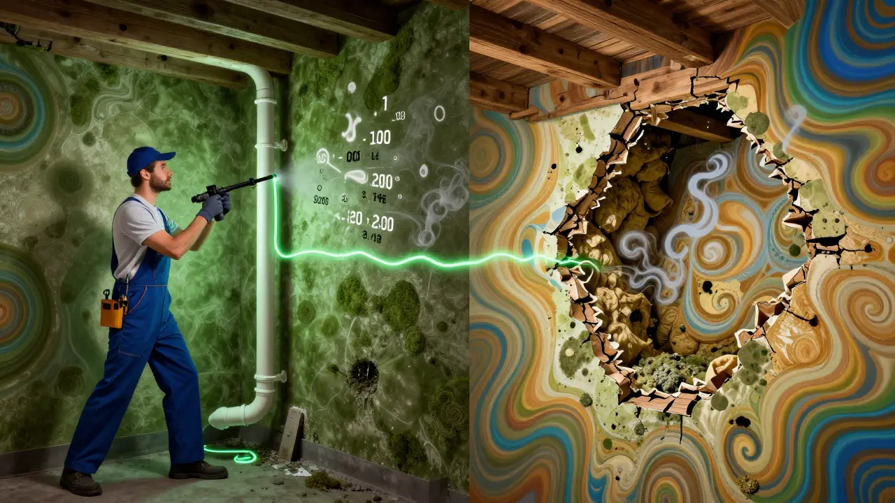 Ein Installateur untersucht mit einer Kamera eine Wand, während dahinter Schäden wie Schimmel und feuchte Dämmung sichtbar werden, in psychedelischem Design.