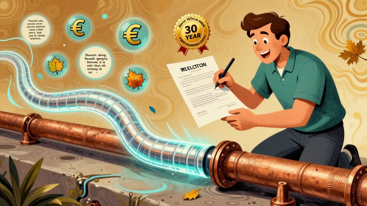 Ein moderner Kunststoffliner wird in eine alte Leitung eingebracht, während Garantie-Siegel und Einsparungssymbole im Hintergrund schweben, im Wes-Wilson-Stil.