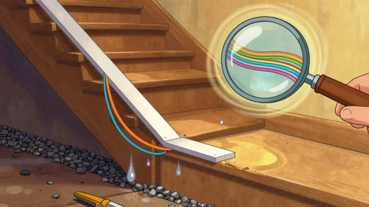 Ein Montagestreifen aus Polypropylen wird unter eine Treppe eingesetzt, während Feuchtigkeit aus Kies abgehalten wird.