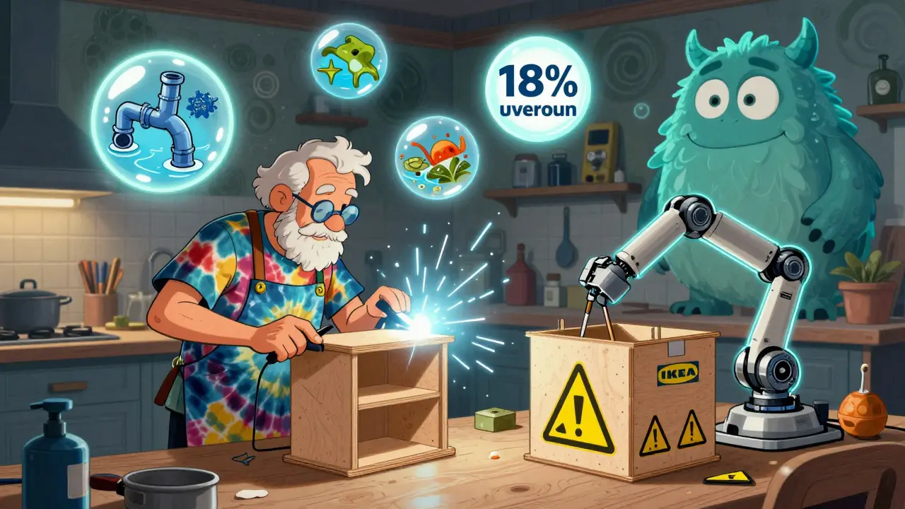 Ein Schreiner baut eine nachhaltige Küchentür, während eine Roboterarm von IKEA versucht, eine MDF-Küche zusammenzubauen, umgeben von schwebenden Warnsymbolen.