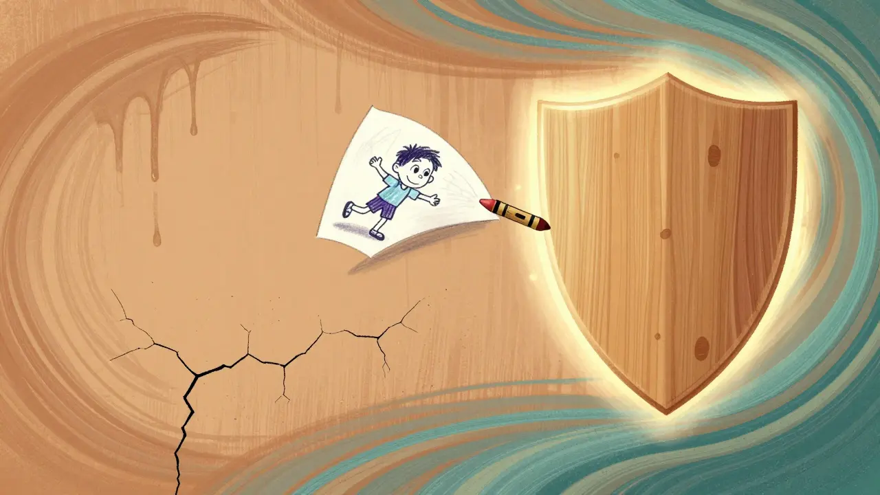 Ein vergleichender Blick: eine rissige Farbwand links, eine perfekt verdeckende Tapete rechts mit schimmerndem Holzmuster.