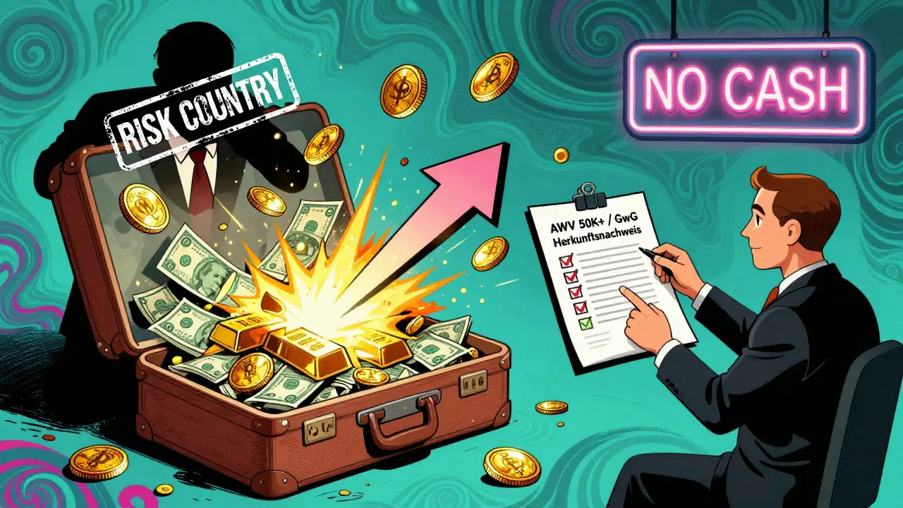 Eine Banküberweisung durchbricht eine Explosion aus Bargeld und Kryptowährungen, während ein Warnhinweis 'Kein Bargeld' leuchtet.