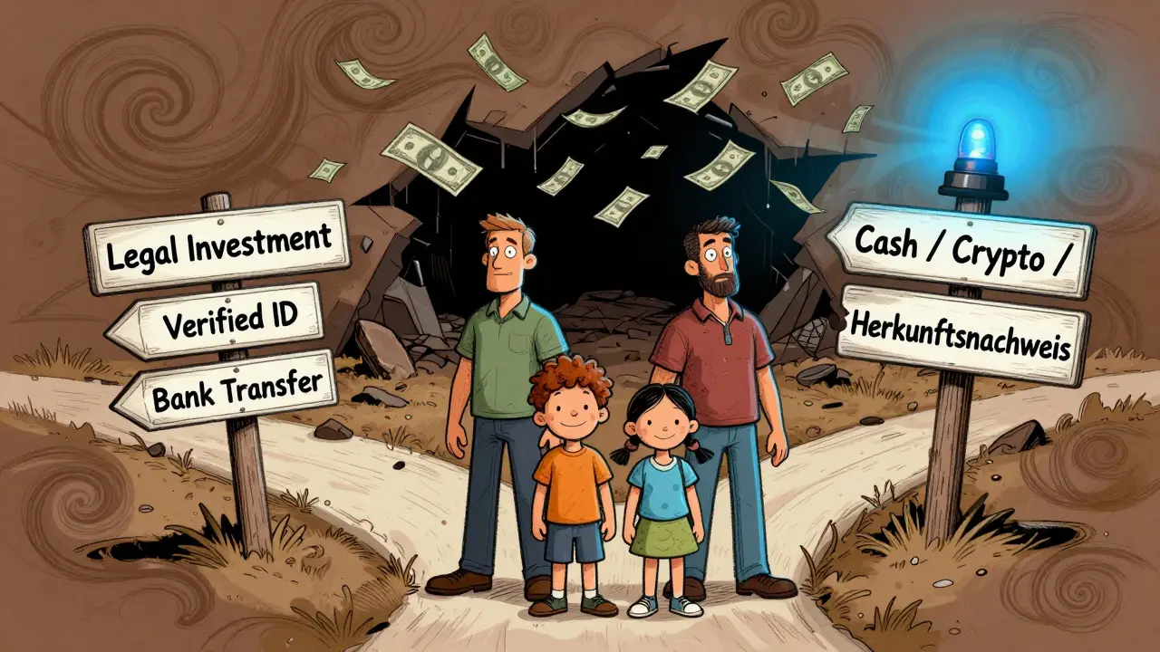 Eine Familie wählt den sicheren Weg zur Immobilieninvestition, während ein gefährlicher Pfad mit Bargeld und Kryptowährungen hinter ihnen zusammenbricht.