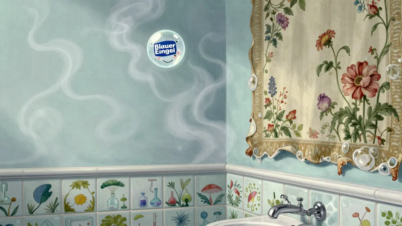 Eine feuchte Badezimmerecke mit dampfender Farbwand und einer sich ablösenden Blumen-Tapete, umgeben von schwebenden Seifenblasen.