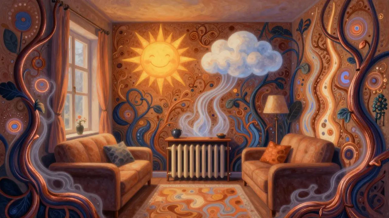 Eine gemütliche Altbau-Wohnung mit atmenden Wänden, die Feuchtigkeit wie fließendes Licht regulieren, in psychedelischem Stil.