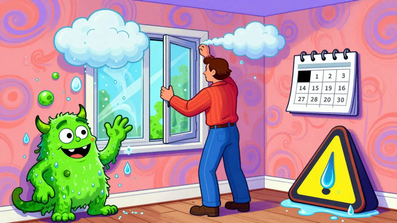 Eine Person installiert neue Fenster, während sich Schimmel als lächelndes Wesen an der Wand bildet.