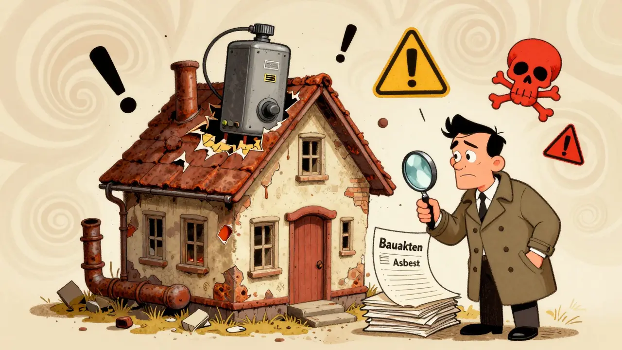 Exaggerated building revealing hidden defects like rusted pipes and asbestos, with investor inspecting documents.